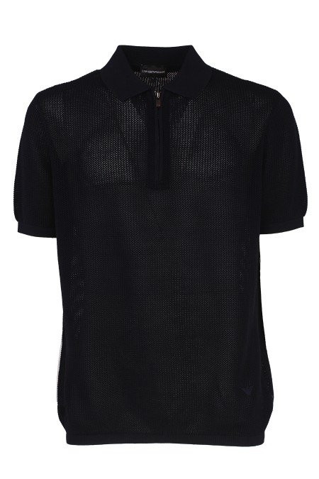 Shop EMPORIO ARMANI  Polo Shirt: Emporio Armani net stitch polo neck sweater.
Fineness: 12.
Net point.
Micro-perforated texture.
Polo neck.
Partial zip.
Short sleeves.
Ribbed profiles.
Embroidered micro eagle.
Composition: 100% Cotton.
Made in China.. 3D1MXT 1MQCZ-0920